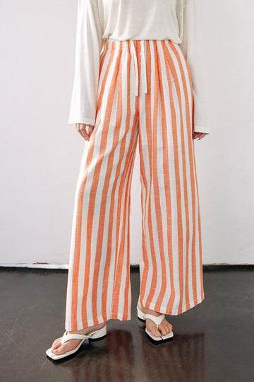 Linen Striped Wide-Leg Drawstring Pants - Fibflx