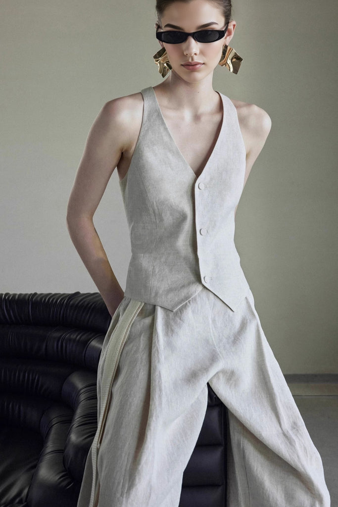 Linen Tailored V-Neck Button-Up Vest Heather White / S Fibflx