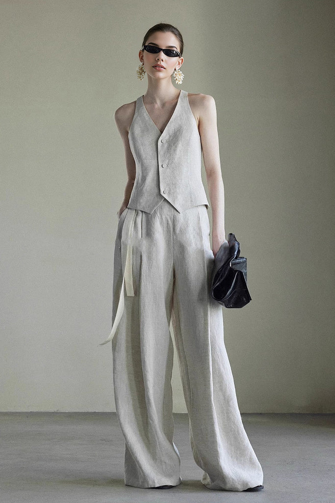 Linen Tailored V-Neck Button-Up Vest  Fibflx
