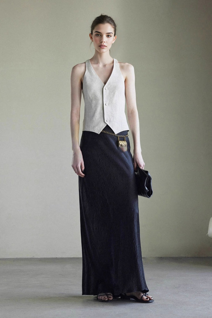 Linen Tailored V-Neck Button-Up Vest  Fibflx