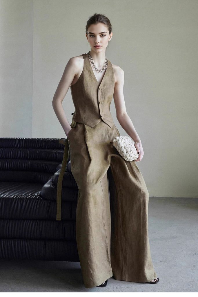 Linen Tailored V-Neck Button-Up Vest - Fibflx