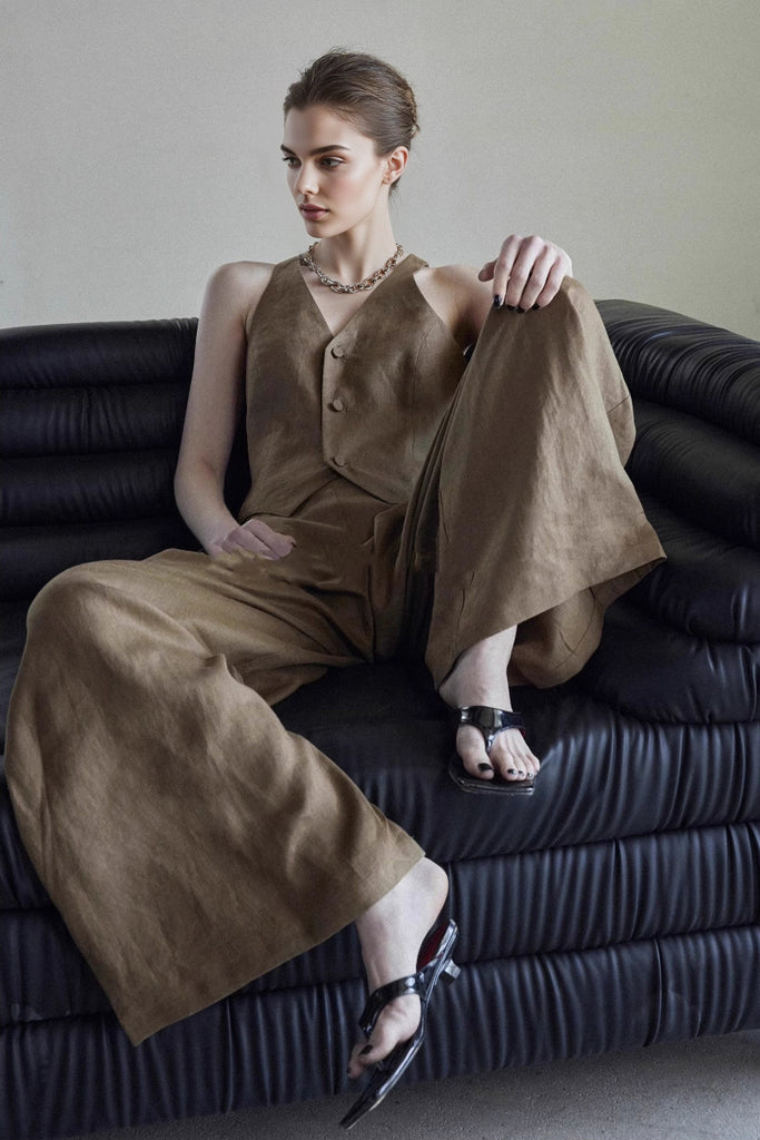 Linen Tailored V-Neck Button-Up Vest  Fibflx