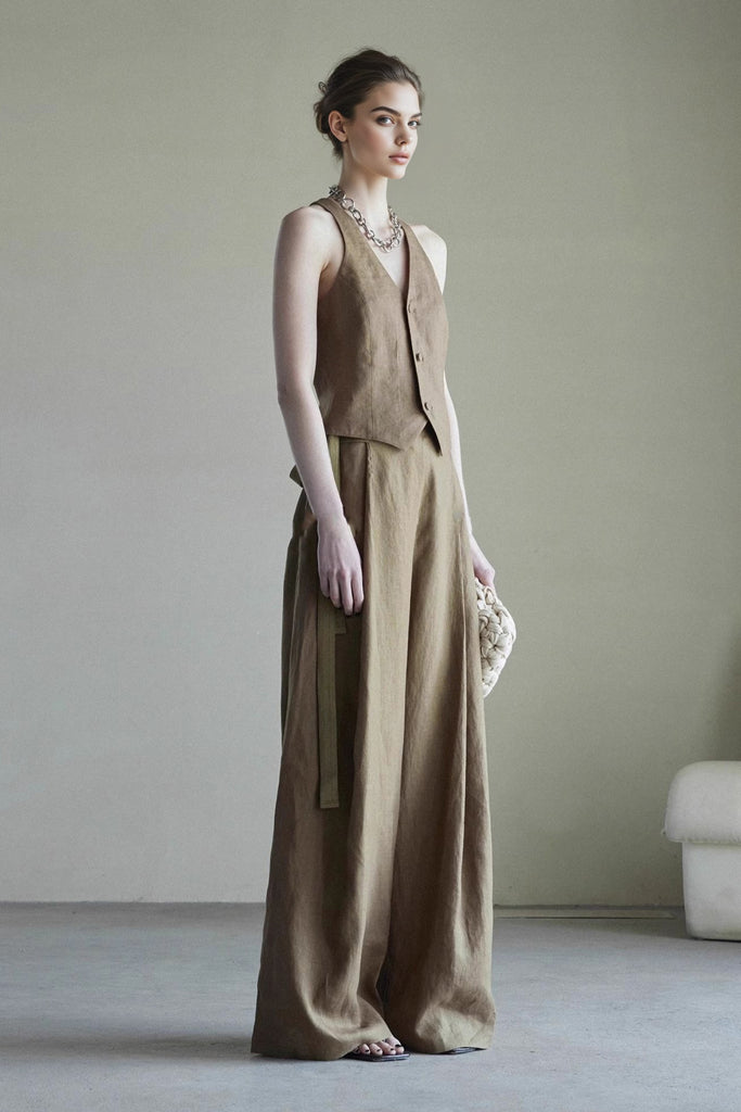 Linen Tailored V-Neck Button-Up Vest  Fibflx