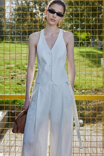 Linen Tailored V-Neck Button-Up Vest - Fibflx
