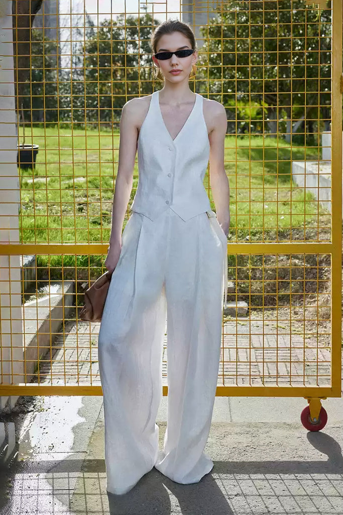 Linen Tailored V-Neck Button-Up Vest  Fibflx