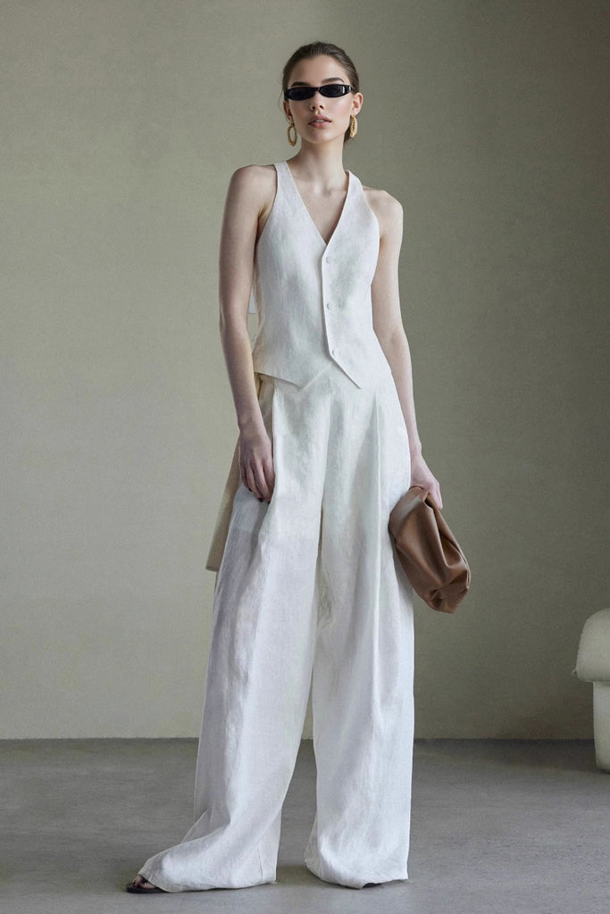 Linen Tailored V-Neck Button-Up Vest  Fibflx