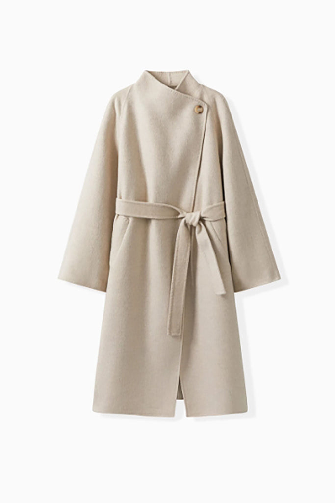 Long Australian Wool Blend Double Breasted Belted Coat with Stand-Up Collar  Fibflx