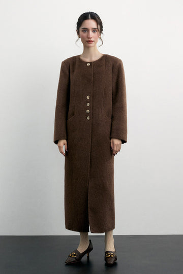 Fibflx Women's Long Collarless Double Faced Wool-Blend Coat