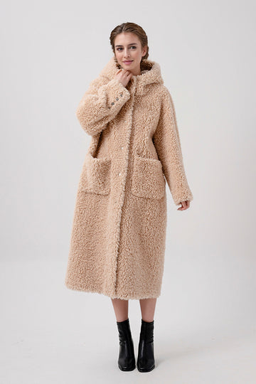 Fibflx Women's Long Faux Shearling Hooded Teddy Wool Coat