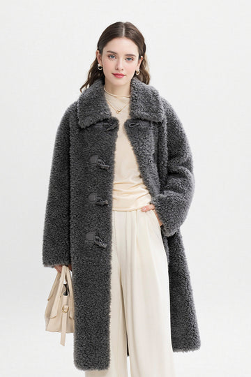 Fibflx Women's Long Faux Shearling Teddy Wool Toggle Coat