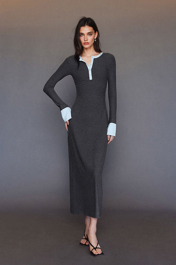 Fibflx Women's Long Sleeve Ribbed Bodycon Maxi Dress with Contrast Trim