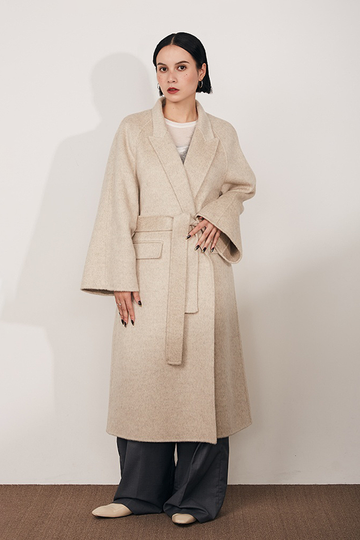 Fibflx Women's Long Wool Silk Blend Wrap Coat with Notched Lapel