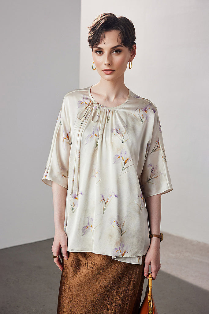 Loose Floral Silk Elbow-Sleeve Wrap Blouse with Asymmetric Tie XL / Ink Painting / 90% Mulberry Silk 10% Spandex Fibflx