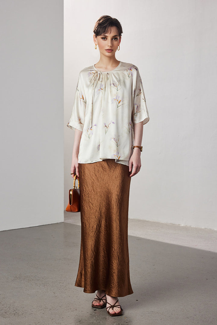 Loose Floral Silk Elbow-Sleeve Wrap Blouse with Asymmetric Tie  Fibflx