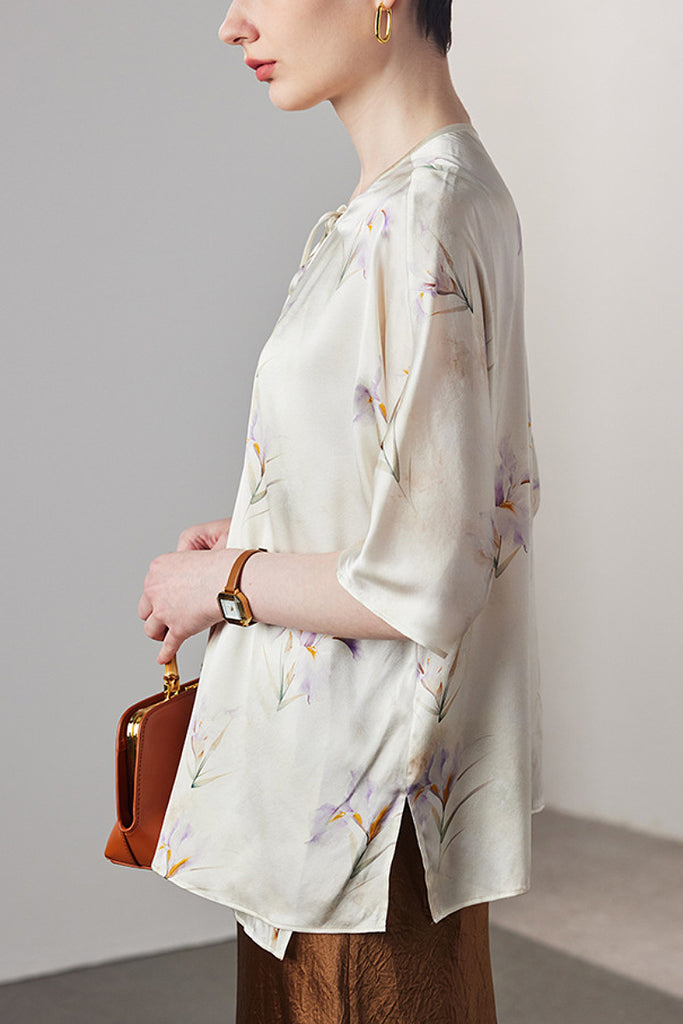 Loose Floral Silk Elbow-Sleeve Wrap Blouse with Asymmetric Tie  Fibflx