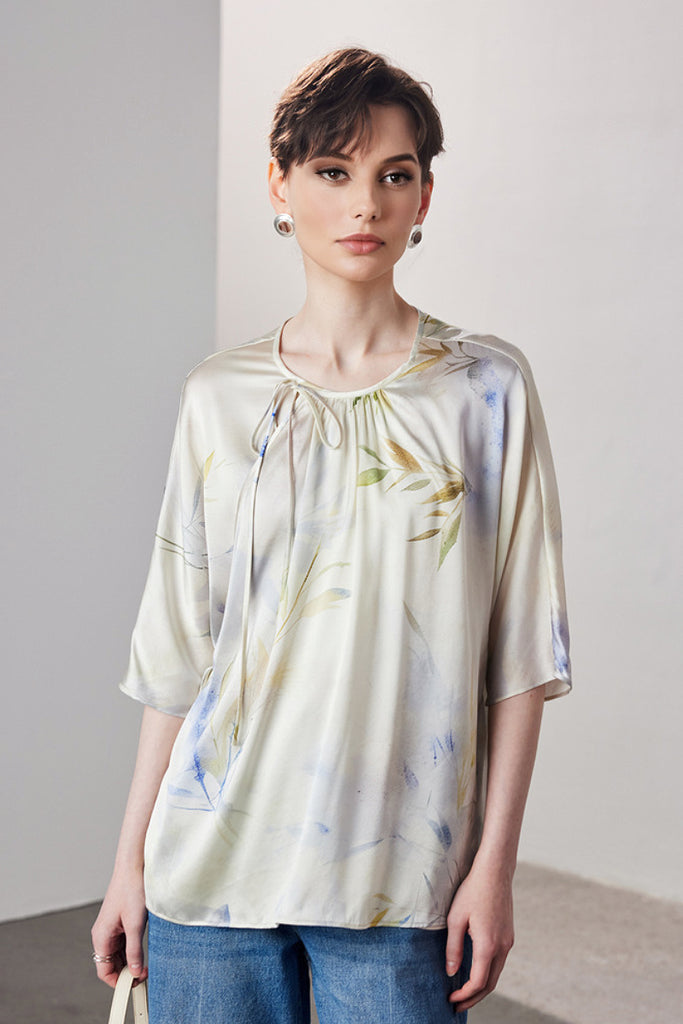 Loose Floral Silk Elbow-Sleeve Wrap Blouse with Asymmetric Tie XL / Ivory / 90% Mulberry Silk 10% Spandex Fibflx