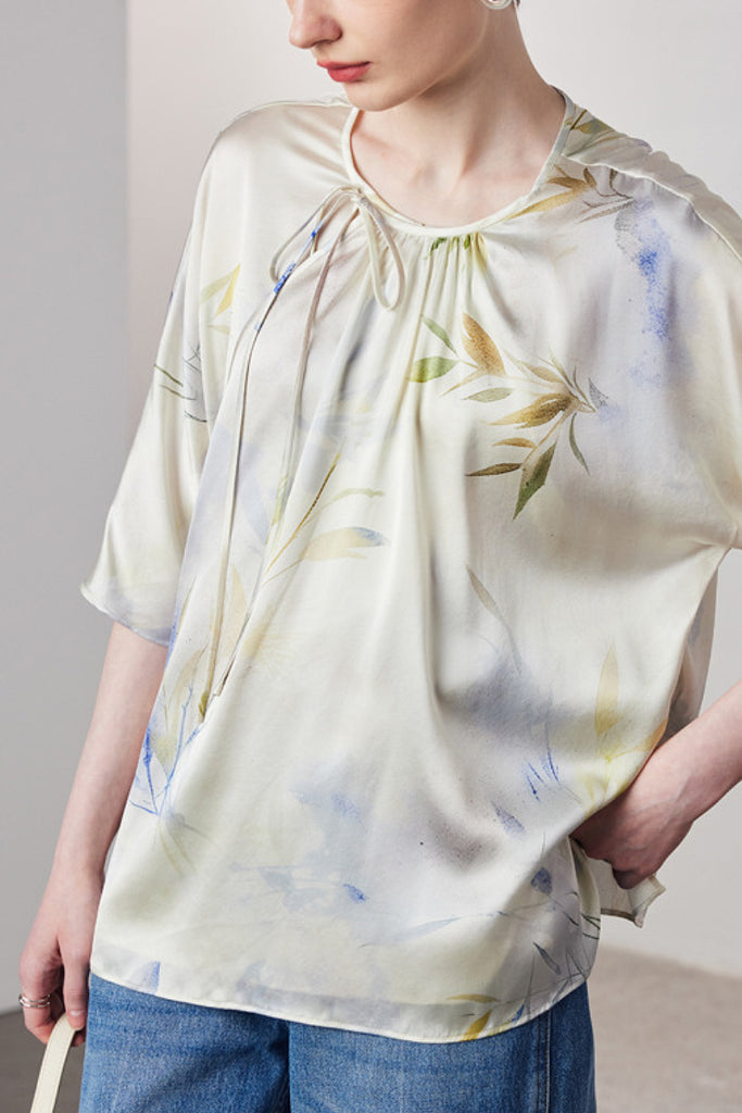 Loose Floral Silk Elbow-Sleeve Wrap Blouse with Asymmetric Tie  Fibflx