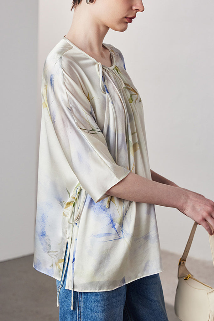 Loose Floral Silk Elbow-Sleeve Wrap Blouse with Asymmetric Tie  Fibflx