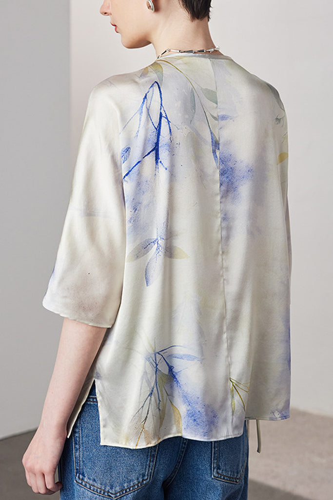 Loose Floral Silk Elbow-Sleeve Wrap Blouse with Asymmetric Tie  Fibflx