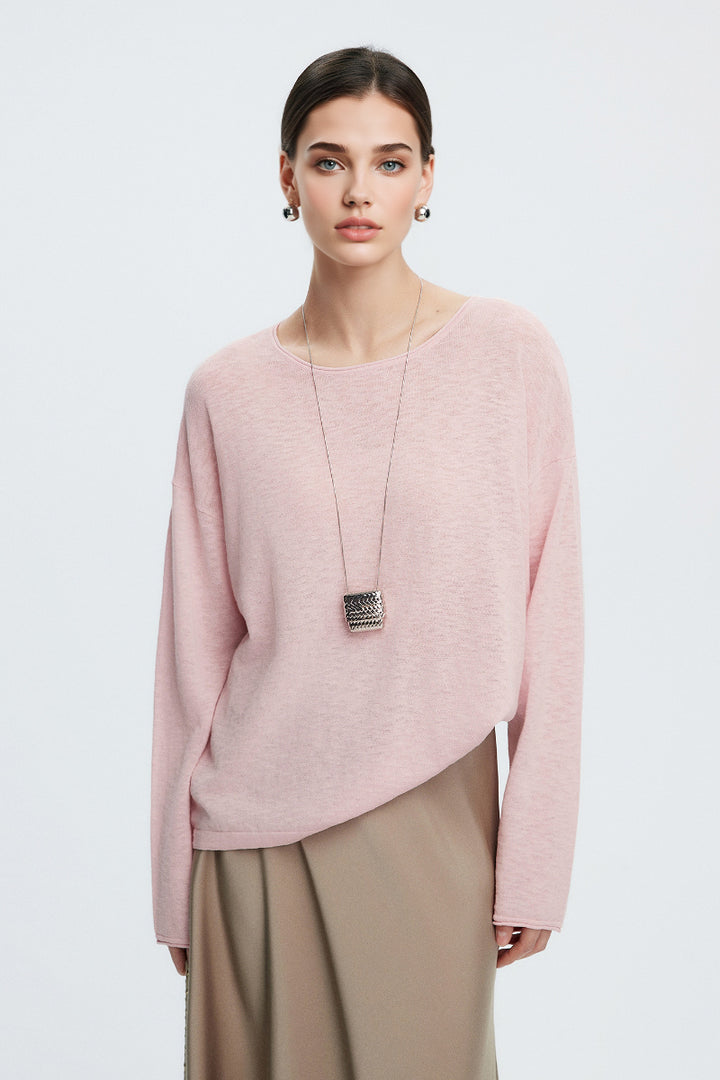 Loose Sheer Cotton-Linen Long-Sleeve Crew-Neck Knit T-Shirt Cupcake Pink / L Fibflx