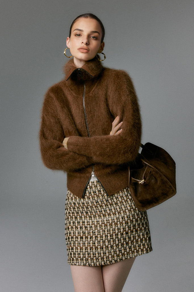 Luxe Brushed Cashmere Turtleneck Cardigan with Two-Way Zip  Fibflx