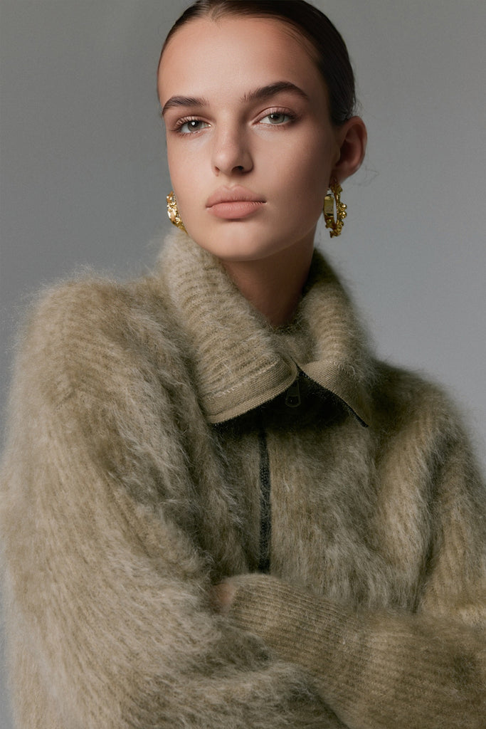 Luxe Brushed Cashmere Turtleneck Cardigan with Two-Way Zip  Fibflx