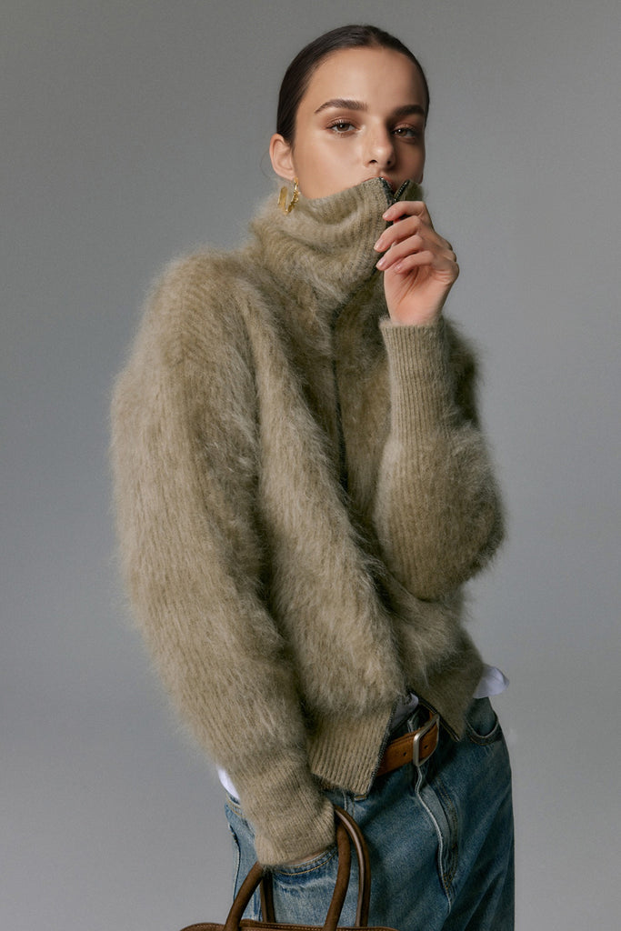 Luxe Brushed Cashmere Turtleneck Cardigan with Two-Way Zip  Fibflx
