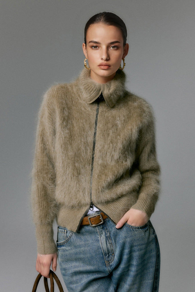 Luxe Brushed Cashmere Turtleneck Cardigan with Two-Way Zip  Fibflx