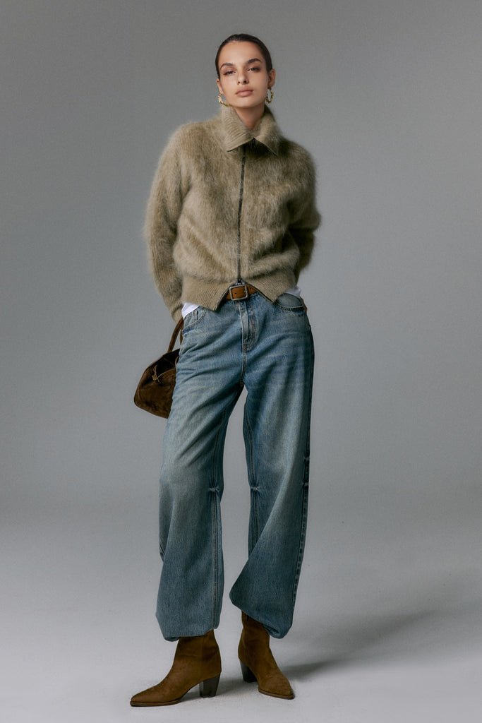 Luxe Brushed Cashmere Turtleneck Cardigan with Two-Way Zip  Fibflx