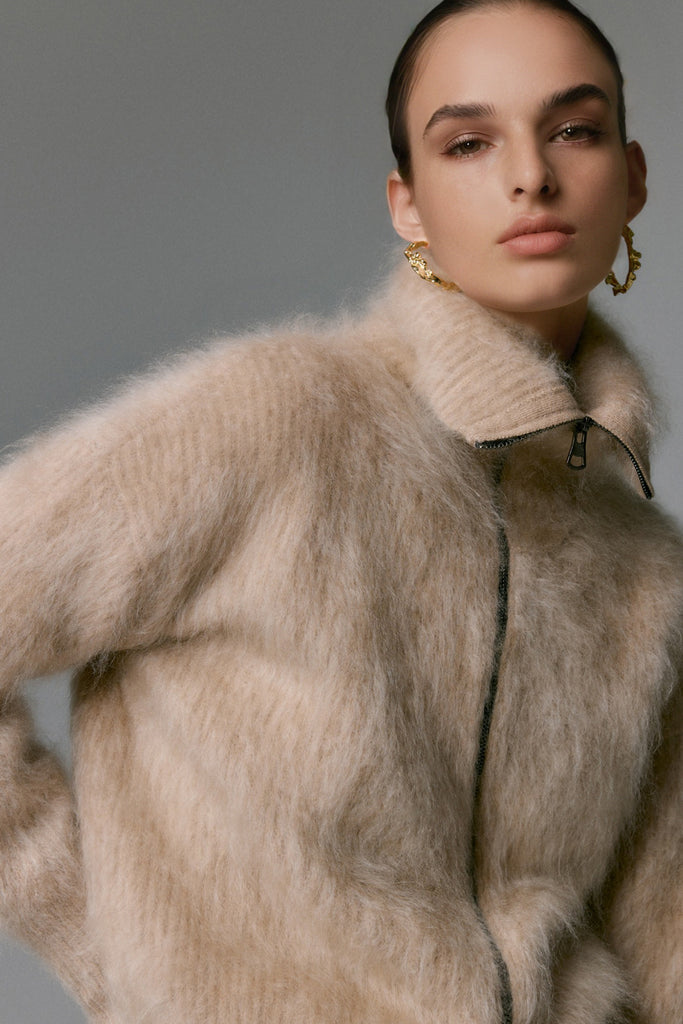 Luxe Brushed Cashmere Turtleneck Cardigan with Two-Way Zip  Fibflx