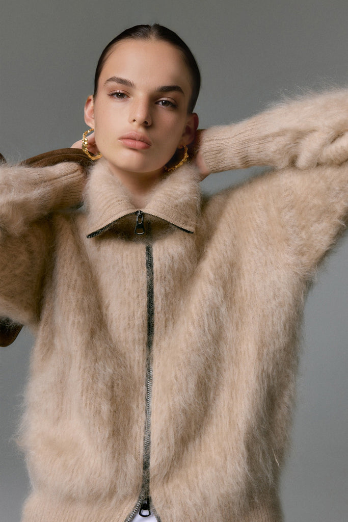 Luxe Brushed Cashmere Turtleneck Cardigan with Two-Way Zip  Fibflx