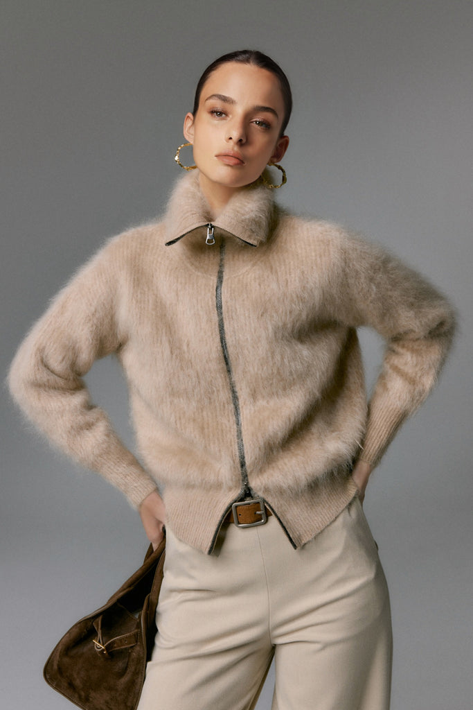 Luxe Brushed Cashmere Turtleneck Cardigan with Two-Way Zip  Fibflx