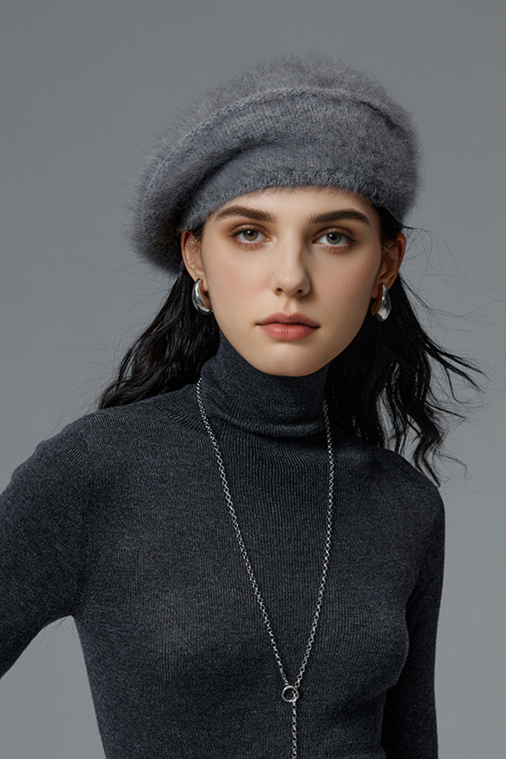 Luxe Brushed Fox Fur-Cashmere Beret Hat Ash Grey / One Size Fibflx