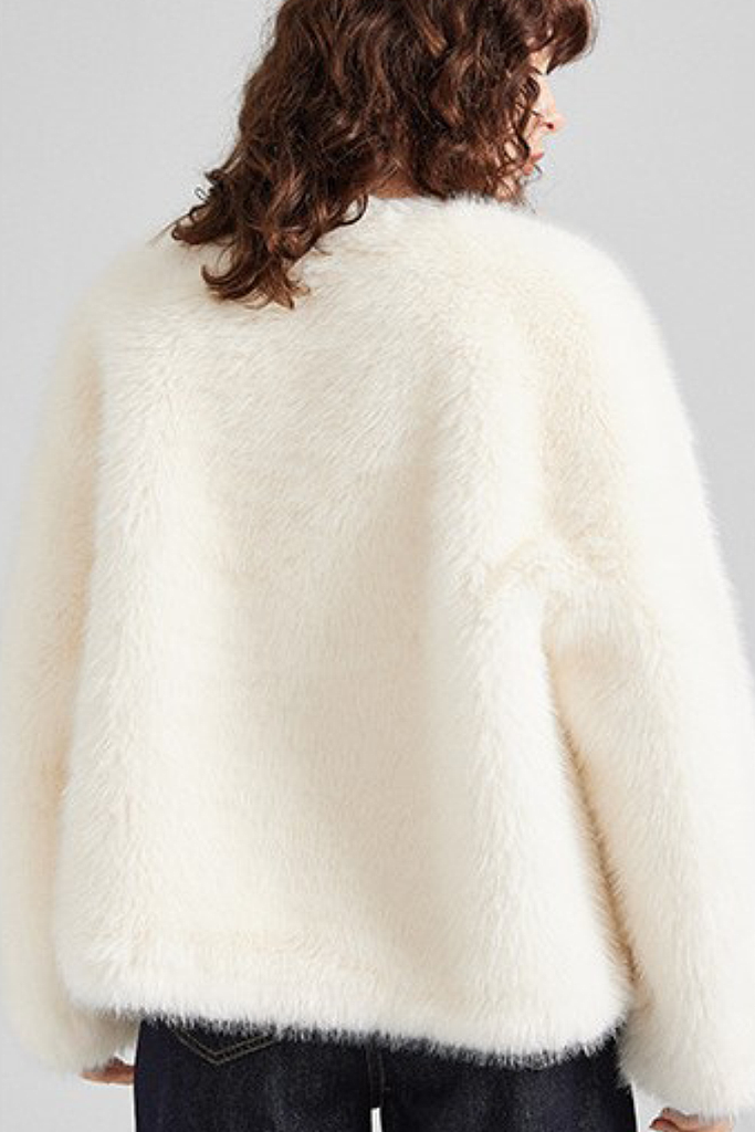 Fibflx Women's Luxe Cropped Collarless Faux Fur Jacket