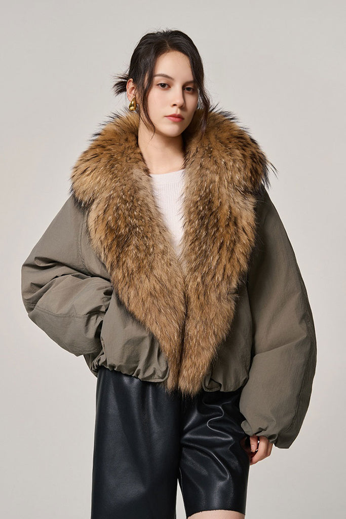 Fibflx Women's Luxe Goose Down Puffer Jacket Genuine Raccoon Fur Collar