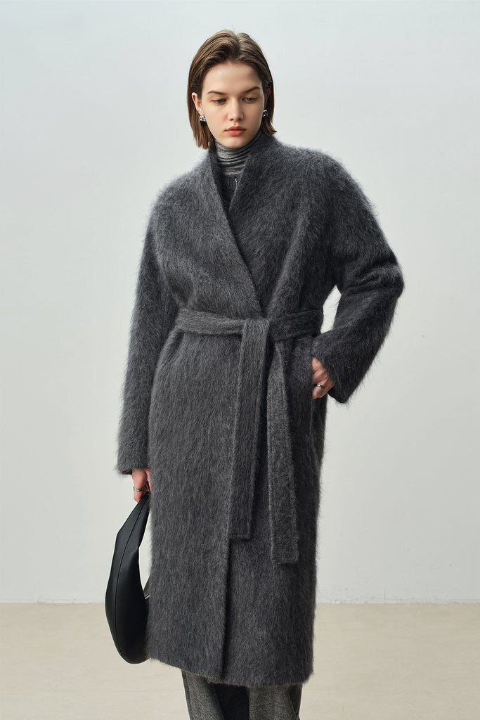 Luxe Handmade Brushed Wool Belted Wrap Coat  Fibflx