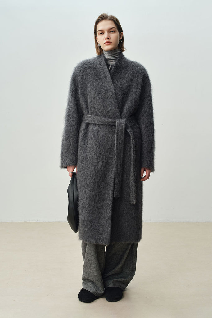 Luxe Handmade Brushed Wool Belted Wrap Coat  Fibflx