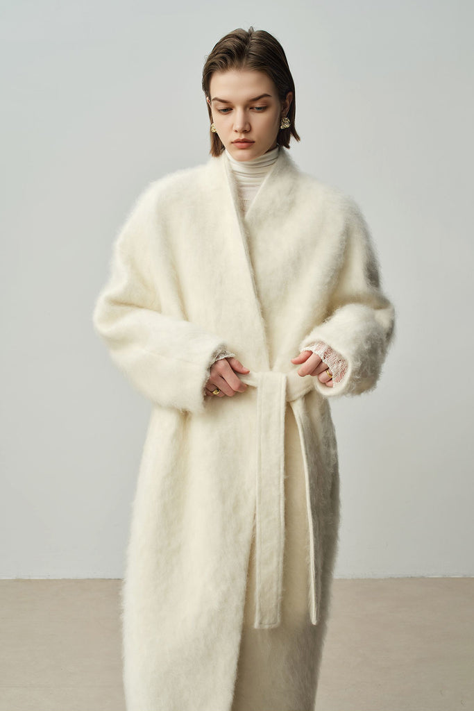 Luxe Handmade Brushed Wool Belted Wrap Coat  Fibflx