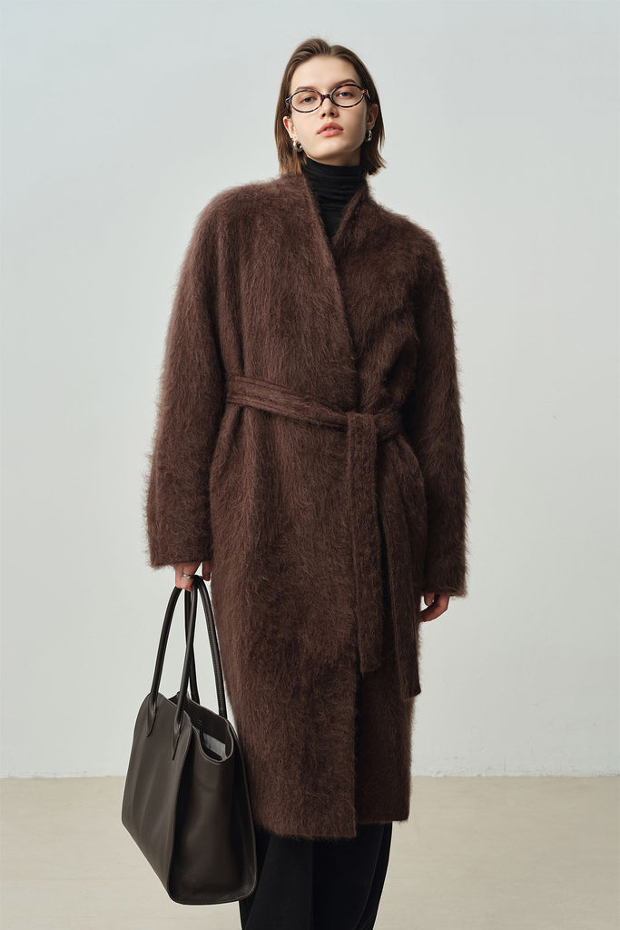 Luxe Handmade Brushed Wool Belted Wrap Coat  Fibflx