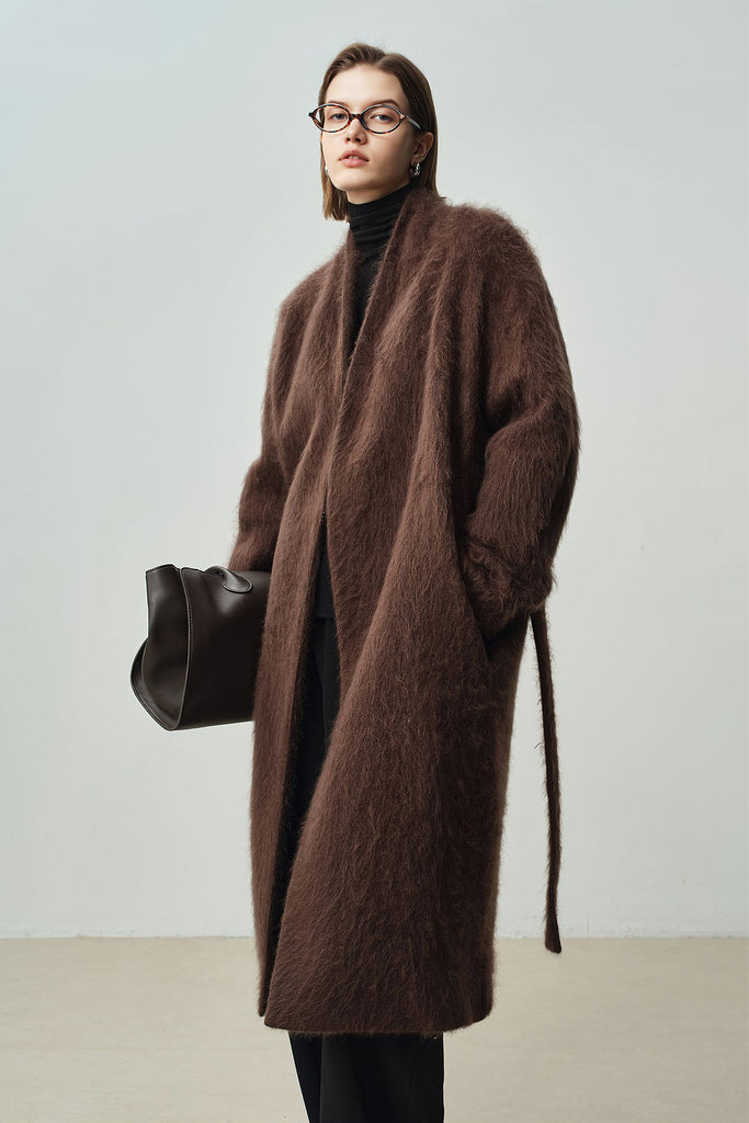 Luxe Handmade Brushed Wool Belted Wrap Coat  Fibflx