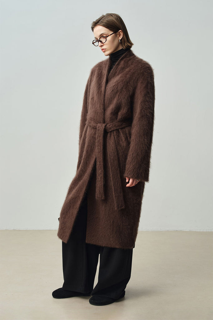 Luxe Handmade Brushed Wool Belted Wrap Coat  Fibflx