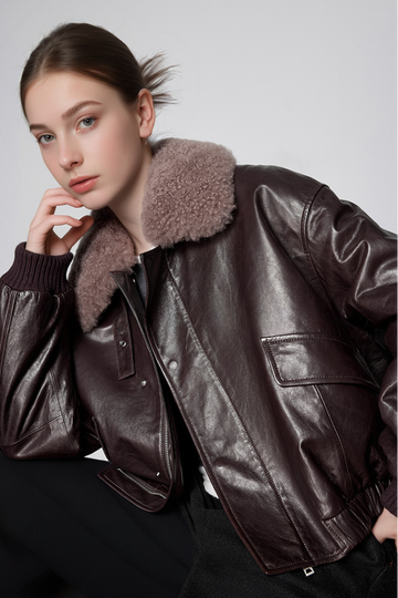 Fibflx Women's Luxe Lambskin Leather Camel Puffer Bomber Jacket with Fur Collar