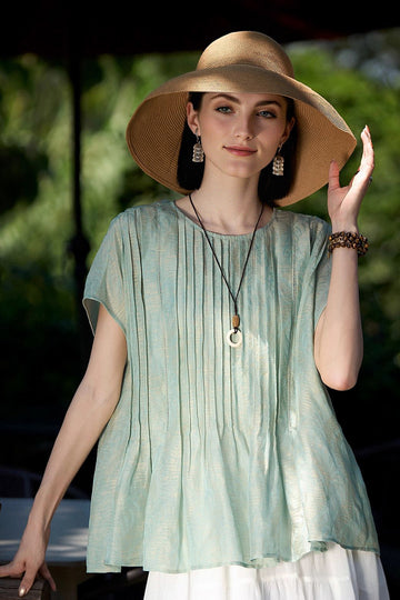 Luxe Silk-Linen Jacquard Cap-Sleeve Pintuck Blouse - Fibflx