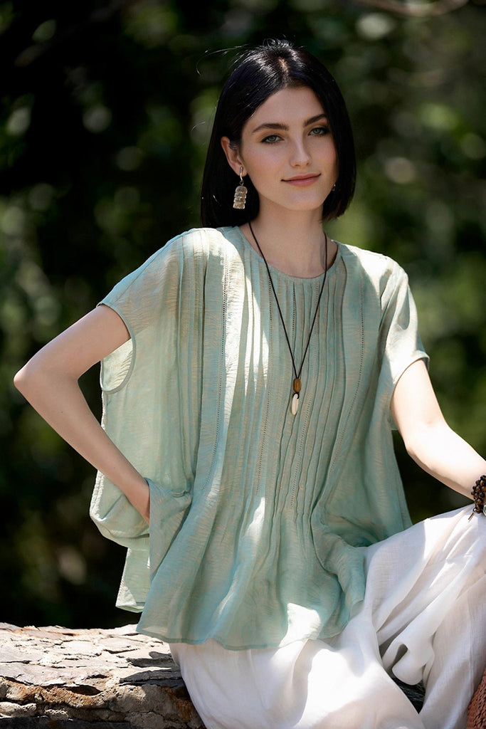 Luxe Silk-Linen Jacquard Cap-Sleeve Pintuck Blouse  Fibflx