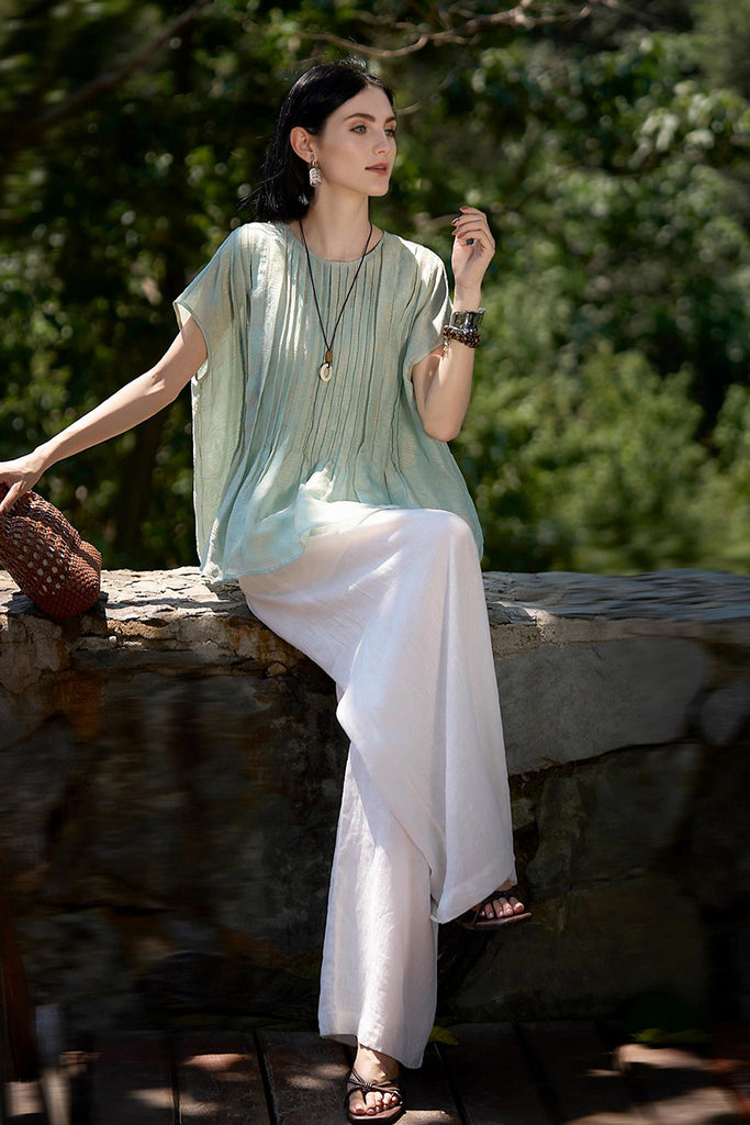 Luxe Silk-Linen Jacquard Cap-Sleeve Pintuck Blouse  Fibflx