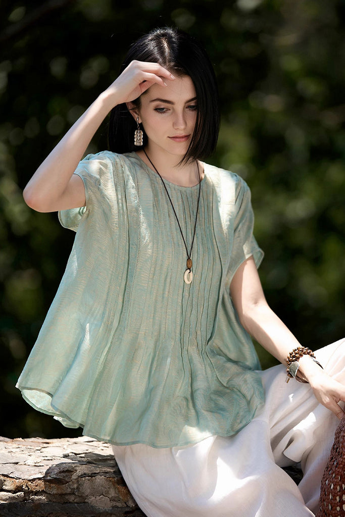 Luxe Silk-Linen Jacquard Cap-Sleeve Pintuck Blouse  Fibflx