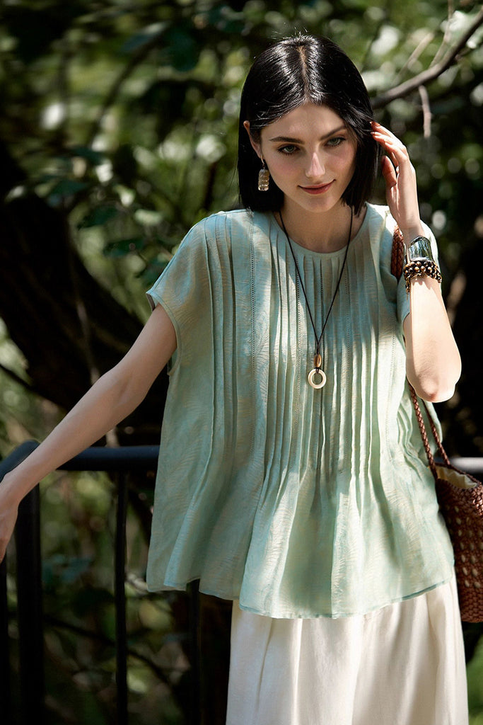 Luxe Silk-Linen Jacquard Cap-Sleeve Pintuck Blouse  Fibflx