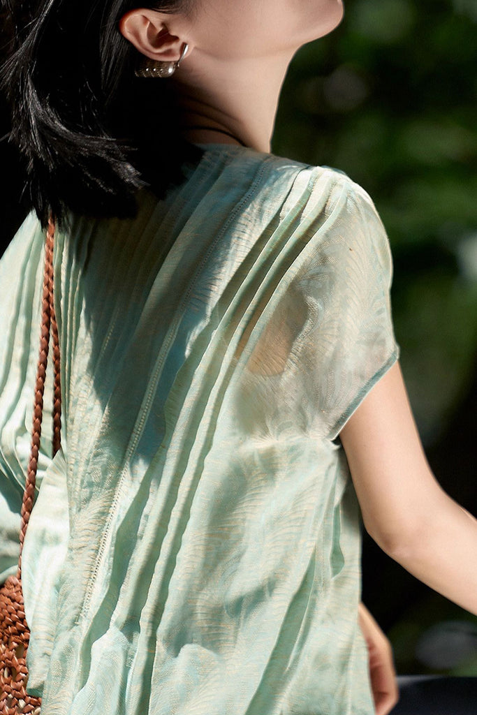 Luxe Silk-Linen Jacquard Cap-Sleeve Pintuck Blouse  Fibflx