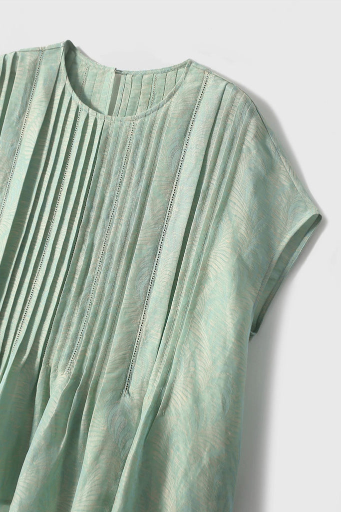 Luxe Silk-Linen Jacquard Cap-Sleeve Pintuck Blouse  Fibflx