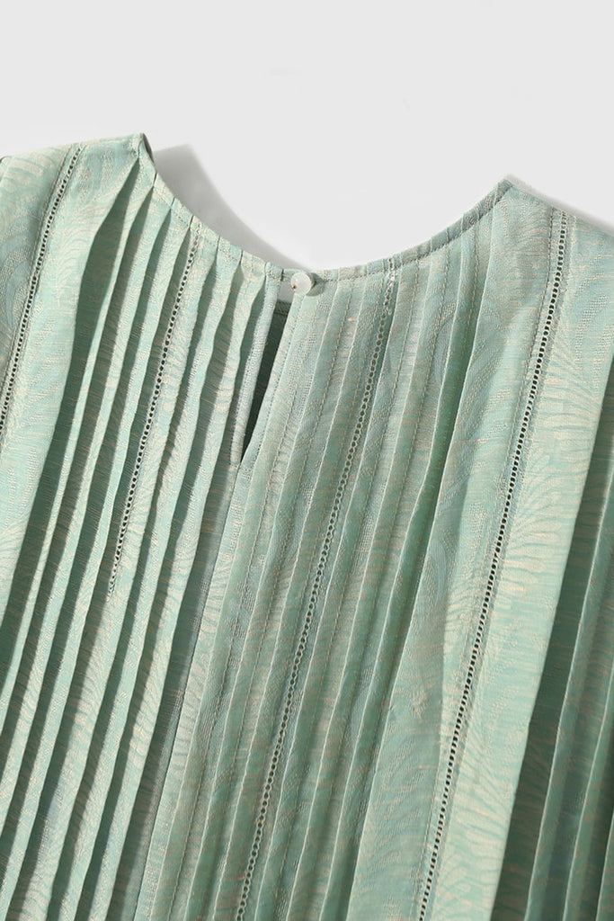 Luxe Silk-Linen Jacquard Cap-Sleeve Pintuck Blouse  Fibflx